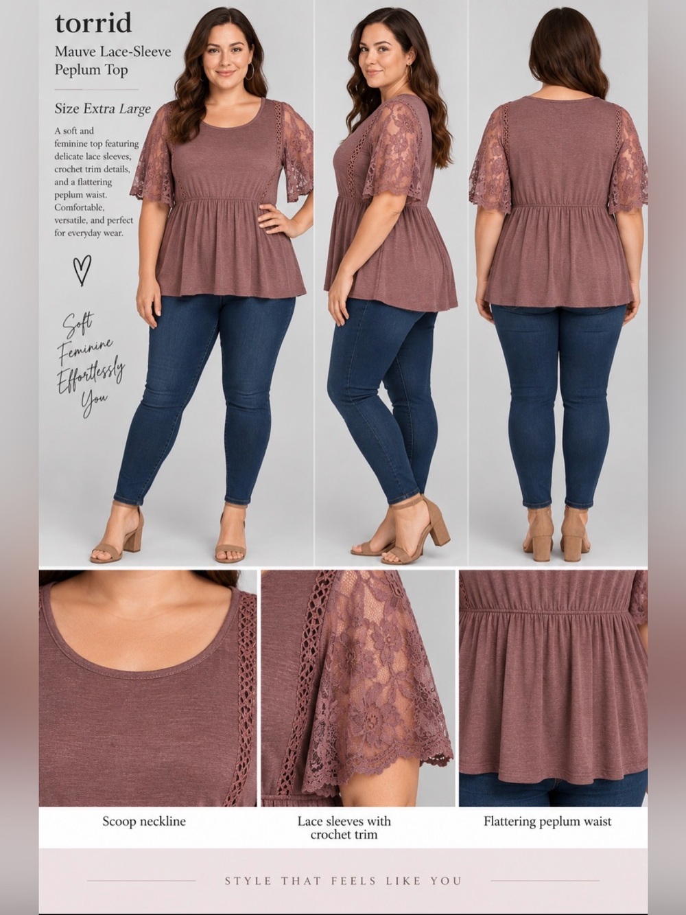 torrid Mauve Lace-Sleeve Peplum Top